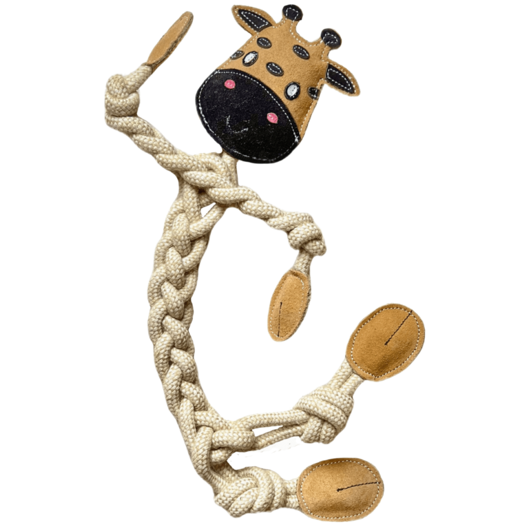 Jouet en corde pour chien en forme de girafe, avec éléments en daim bénéfiques pour les gencives, idéal pour des jeux de traction, de mastication et d’interaction.