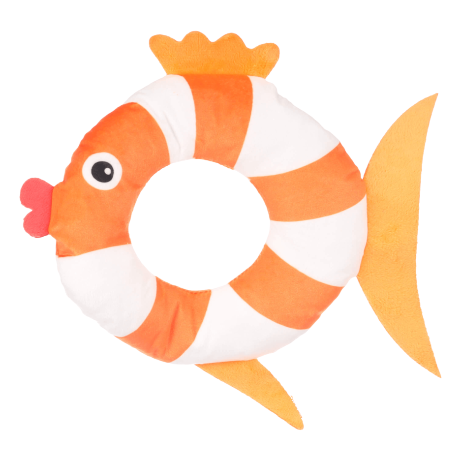 Chien interagissant avec un jouet en tissu pour chien Flamingo, en forme de poisson, avec son de froissement.