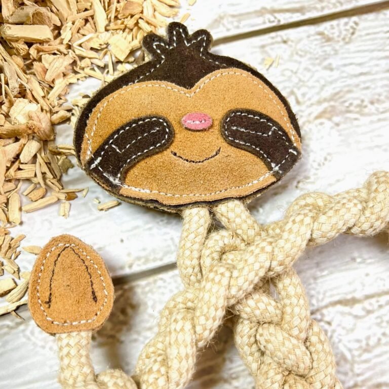 Jouet en corde Paresseux parmi d’autres jouets pour chien, prêt pour une séance de jeu et de mastication.