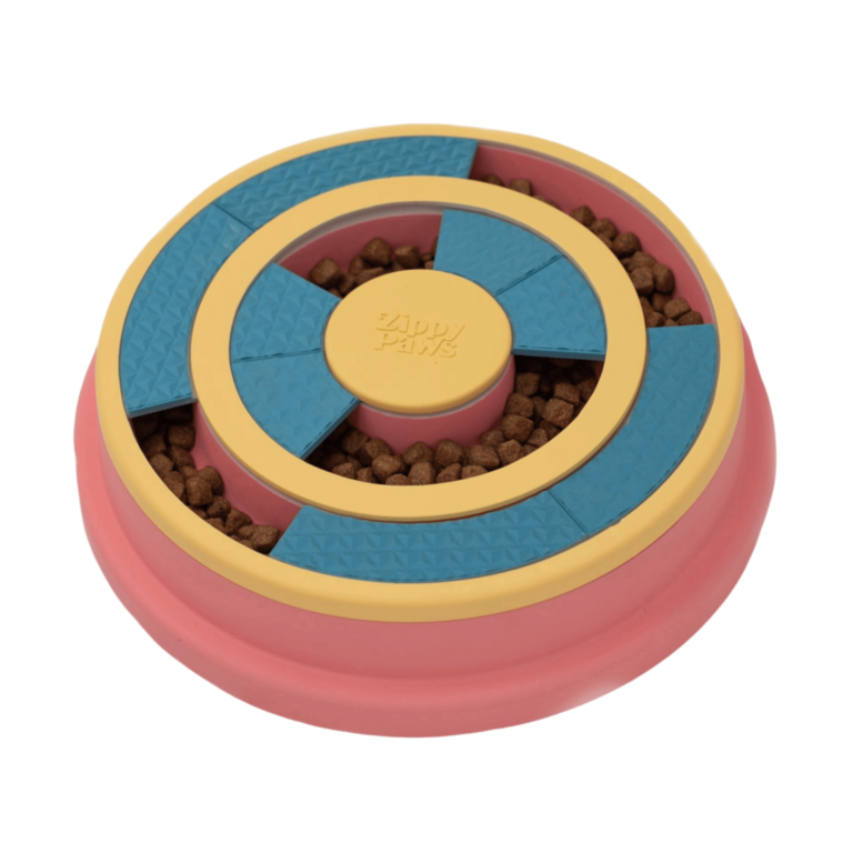 Chien jouant avec le Puzzle Wagging Wheel, tentant d’extraire une friandise