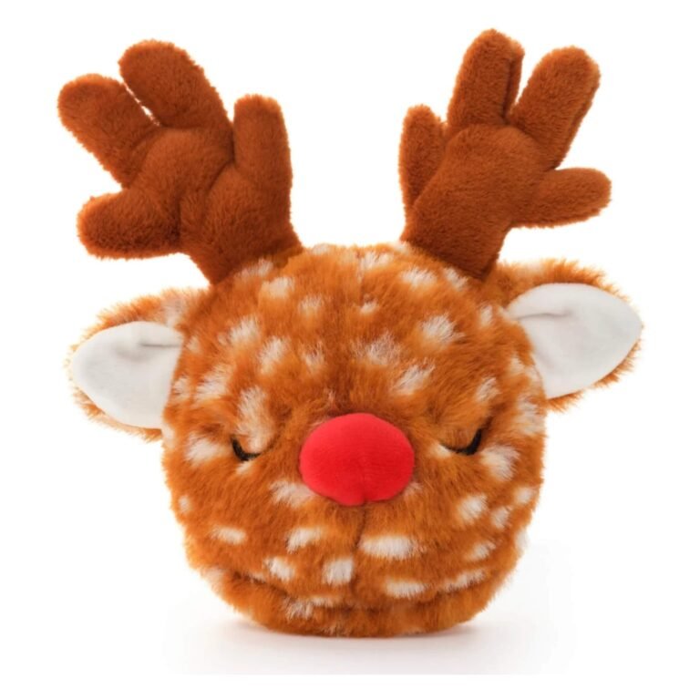 Jouet de Noël pour chien en forme de renne, peluche douce rouge et marron avec balle rebondissante amovible et éléments sonores crinkly et couineur.