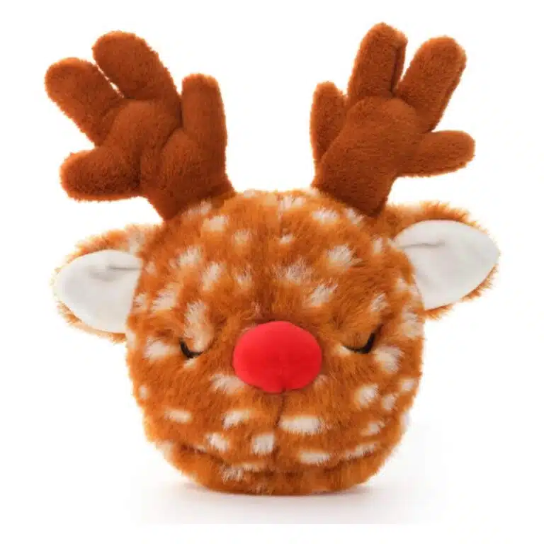Jouet de Noël pour chien en forme de renne, peluche douce rouge et marron avec balle rebondissante amovible et éléments sonores crinkly et couineur.