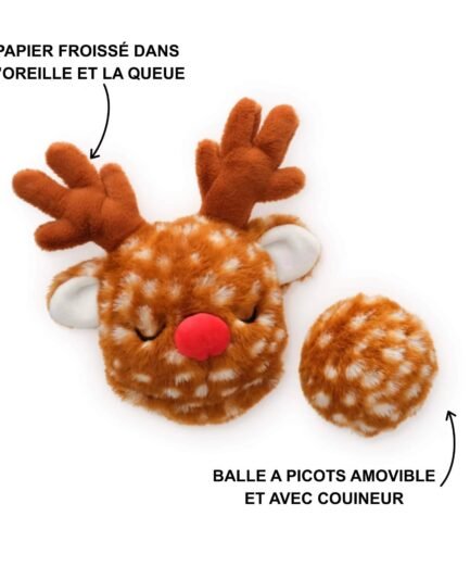 Détail du jouet pour chien : peluche douce et papier bruissant crinkly.