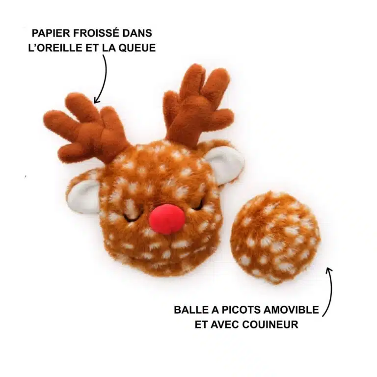 Détail du jouet pour chien : peluche douce et papier bruissant crinkly.