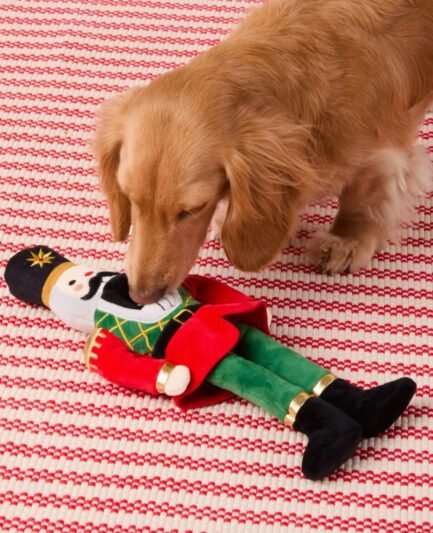 Chien jouant avec la peluche de fouille The Foggy Dog, stimulé par le sifflet et le papier froissé.
