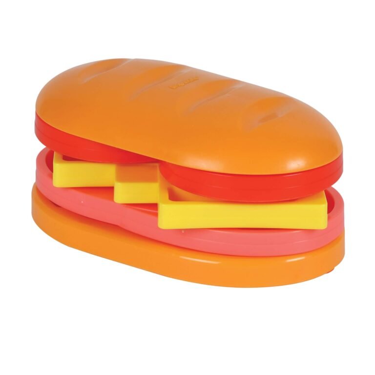 Puzzle interactif pour chien en forme de sandwich avec plusieurs couches à faire pivoter.