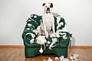 Chien blanc et noir assis sur canapé vert déchiré, peluches et fibres blanches partout sur le canapé et au sol.