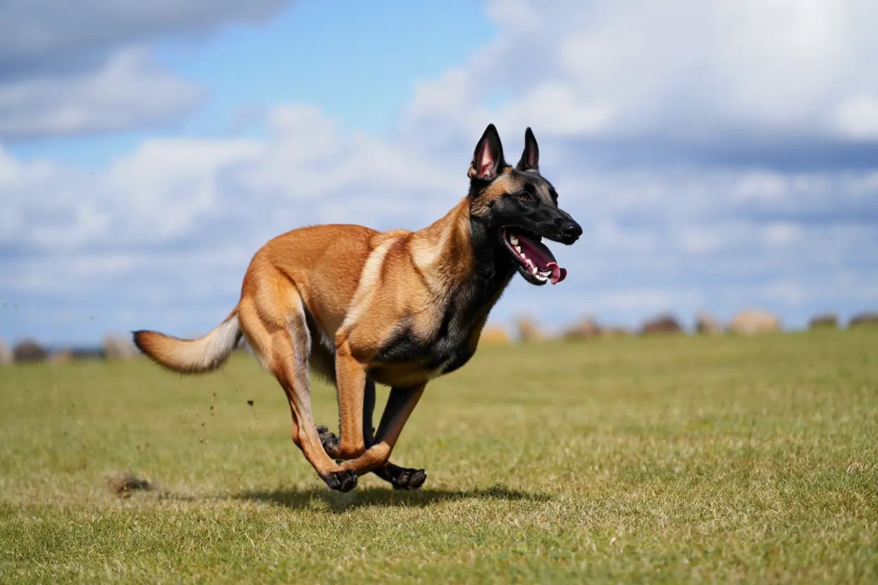 Un malinois courant avec son maître en forêt