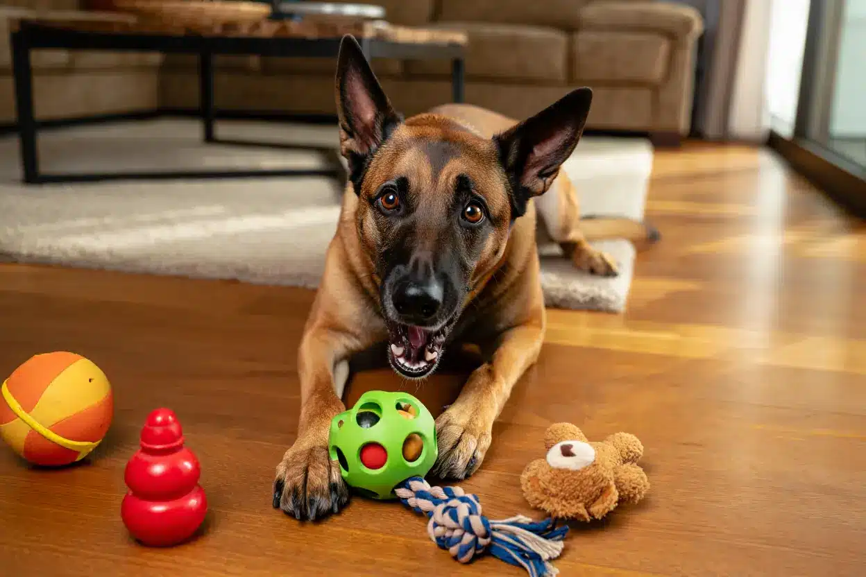 Un malinois jouant avec des jouets d'occupation robustes