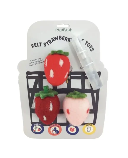Emballage de jouets pour chats en forme de fraises en feutre Dexypaws avec spray d'herbe à chat
