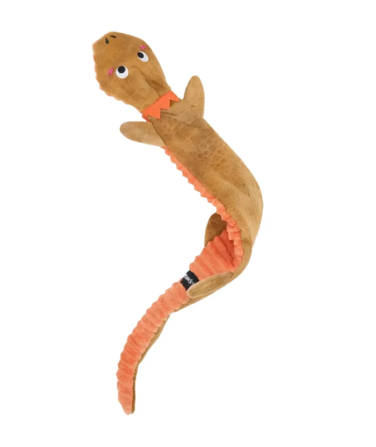 Peluche sans rembourrage pour chien, modèle dragon souple en tissu ocre et orange, idéal pour mâchouiller