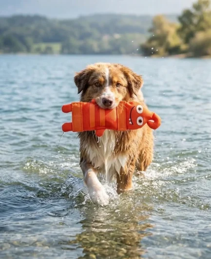 Un Berger Australien rapporte un Funny Dummy orange flottant depuis un lac, illustrant l'utilisation de ce jouet interaction chien pour les jeux aquatiques de lancer-rapporter.