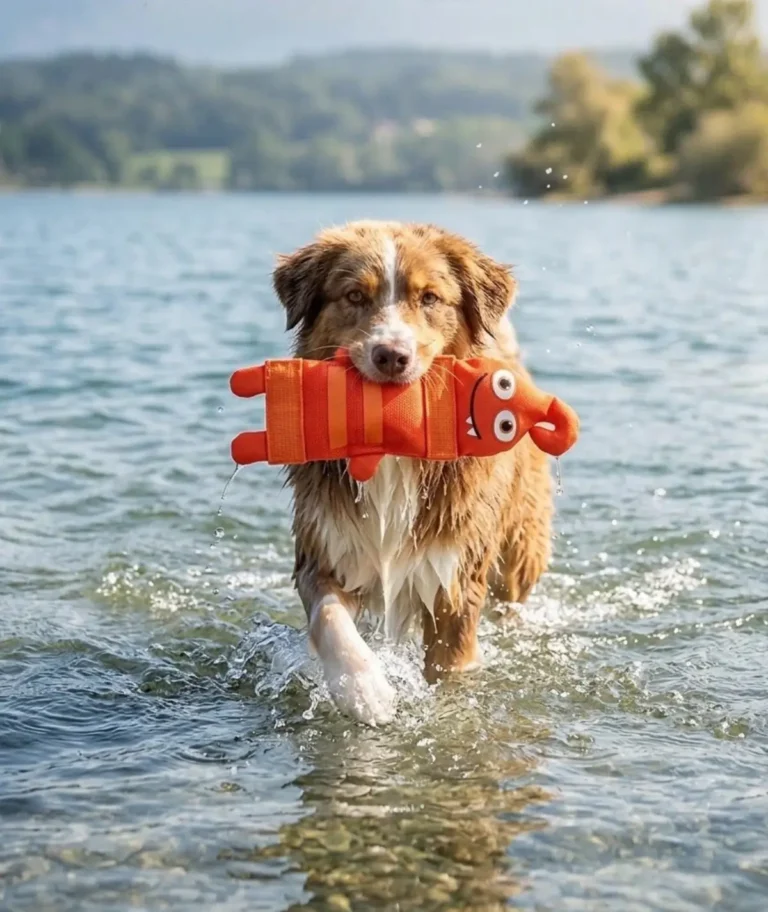 Un Berger Australien rapporte un Funny Dummy orange flottant depuis un lac, illustrant l'utilisation de ce jouet interaction chien pour les jeux aquatiques de lancer-rapporter.
