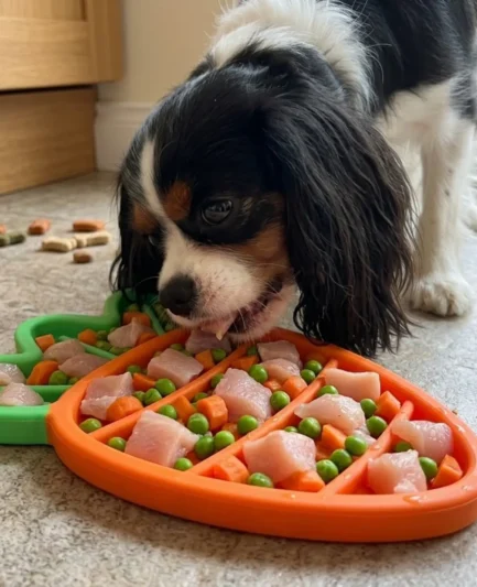 Un chien Cavalier King Charles mangeant dans la gamelle anti-glouton en forme de carotte, remplie de nourriture fraîche (viande, petits pois, carottes) sur un sol carrelé.