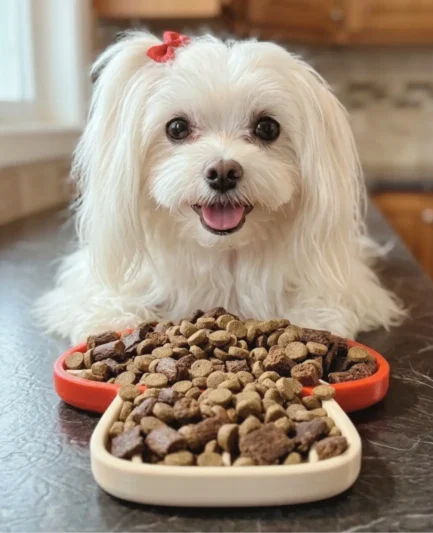 bichon maltais heureux devant gamelle champignon remplit de croquettes