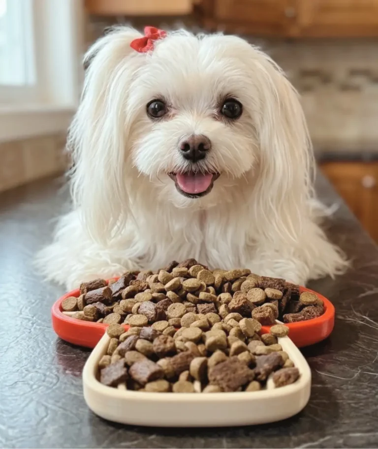 bichon maltais heureux devant gamelle champignon remplit de croquettes