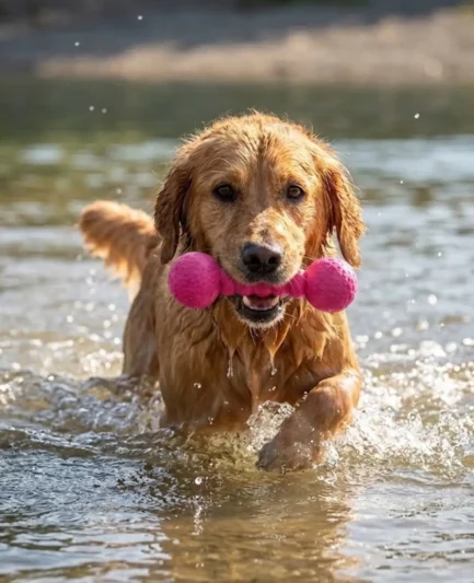 Un Golden Retriever sortant de l'eau avec le petit modèle rose du jouet flottant Aqua Fun Gym dans la gueule