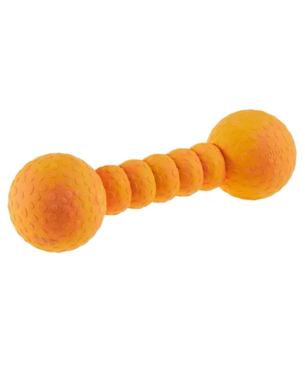 Photo de produit sur fond blanc du jouet Aqua Fun Gym de Wolters, un haltère en caoutchouc naturel orange texturé pour chien.