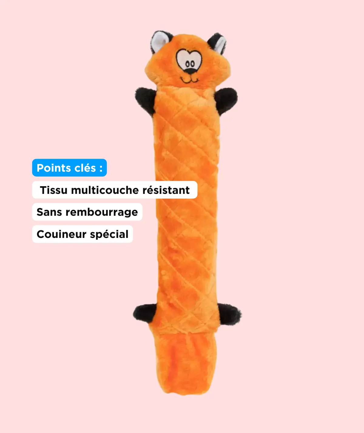 détails peluche pour chien jigglerz Vue d'ensemble de la peluche pour chien Jigglerz renard orange montrant sa forme allongée et ses points clés