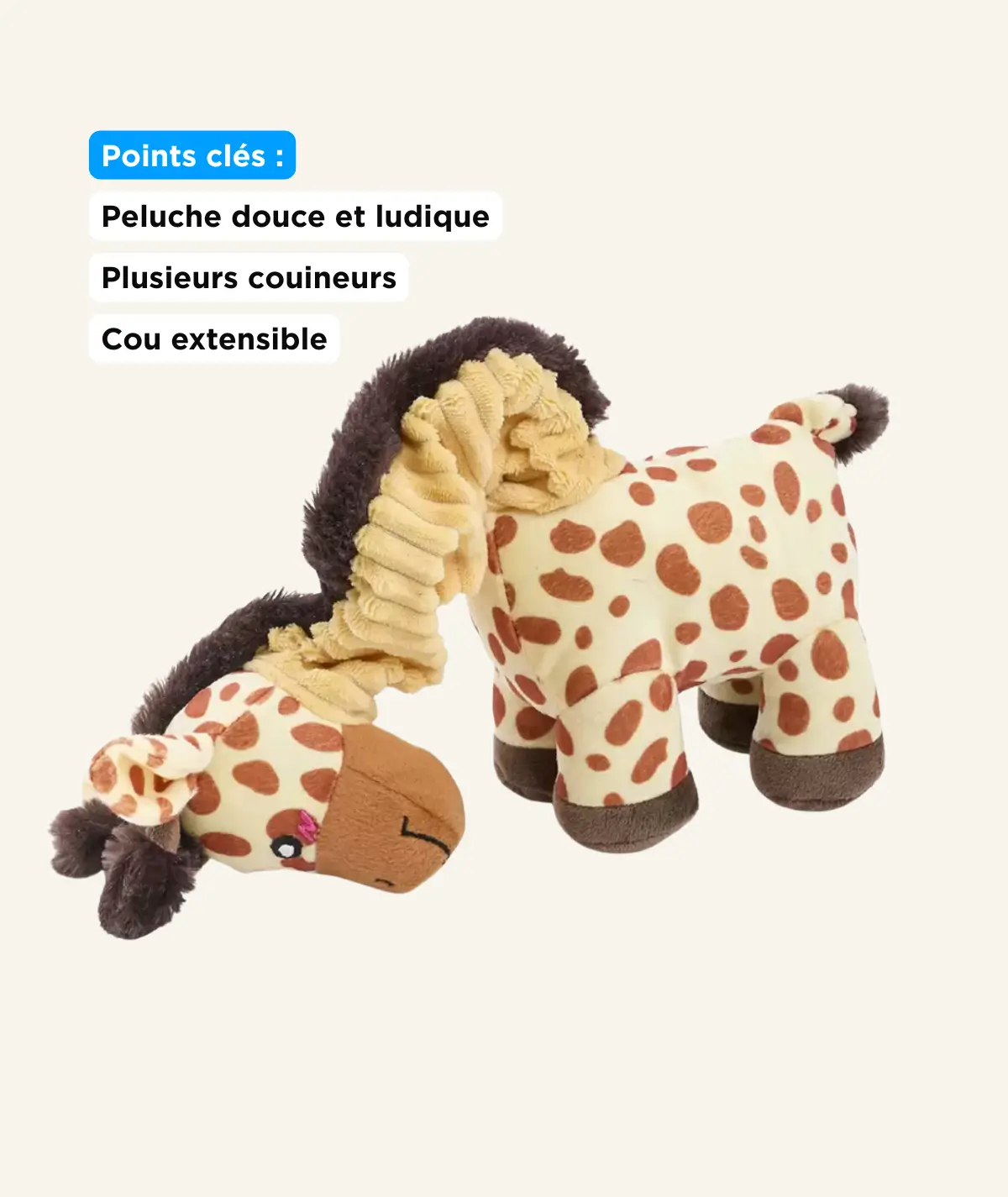 peluche pour chien bungee girafe Détail de la peluche pour chien bungee girafe montrant le cou extensible détendu et la liste des points clés