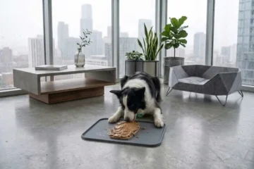 Chien concentré en train de lécher un tapis de léchage en silicone garni de friandises posé sur le sol.